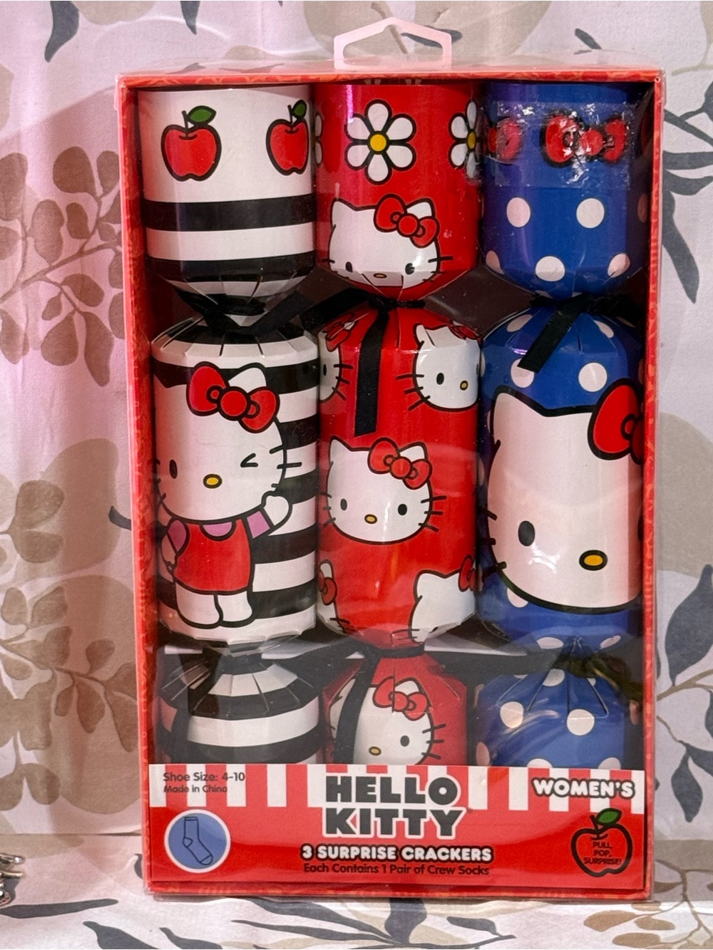 Hello Kitty Surprise Crackers with Socks- Red, Blue, White - 3 Pack